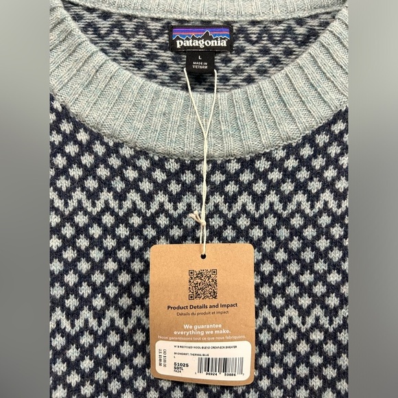 Patagonia Women's L Large Recycled Wool-Blend Crewneck Sweater Blue NWT Cozy - Picture 5 of 9